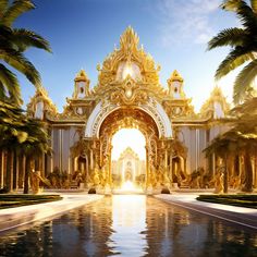 an ornate golden gate with palm trees in the foreground and water reflecting on the ground