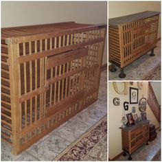 the sideboard is made out of wood and has latticed panels on it, along with