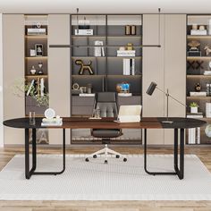 a room with a desk, chair and bookshelf in it's center