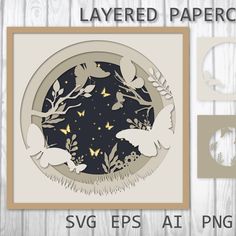 the layered papercuts are designed to look like flowers and butterflies, with text that reads