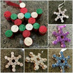 six different images of wine cork ornaments