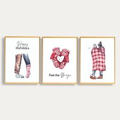 three framed art prints with the words happy holidays, feel the magic and feet in plaid socks