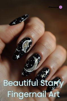 This black moon and star nail design is one of many colorful star and moon nail design ideas featured in this article. Shooting Star Nails, Cosmic Magic, Star Nail Designs, Star Nail, Space Nails, Sky Nails, Star Nail Art, Fingernail Designs