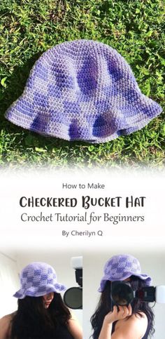 a woman wearing a purple hat with the words, how to make checkered bucket hat crochet pattern for beginners