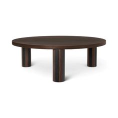 a round wooden table with two black legs and a brown wood grained finish on the top