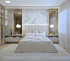 a bedroom with marble walls and white bedding