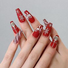 Red Nails Gel, Nails Snow, Nails Gel Nails, Christmas Party Gift, Bow Christmas, Nails Red, Snow Flake, Winter Nail Art