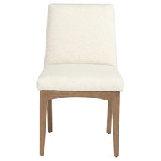 a white upholstered chair with wooden legs and a beige seat pad on the back