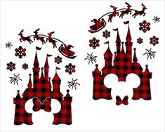 the silhouettes of mickey and minnie mouse in front of a castle with snowflakes