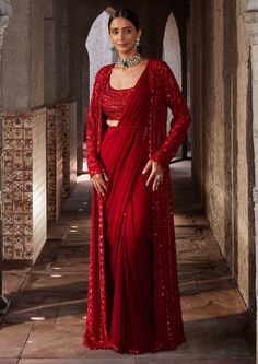 Nidhika Shekhar-Red Jalsa Draped Sari And Cape Set-INDIASPOPUP.COM Drape Sari, Western Saree, Desi Vibes, Buy Designer Sarees Online, Cape Set, Sequin Cape, Embroidered Cape, Draped Saree, Open Blouse