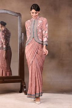 Buy Blue Matka Silk Embroidered Zardozi Work Boat Floral Crop Top And Palazzo Set For Women by Anu Pellakuru Online at Aza Fashions. Sougat Paul, Peach Crepes, Peach Jacket, Placement Embroidery, Floral Print Jacket, Dhoti Pants, Floral Jacket