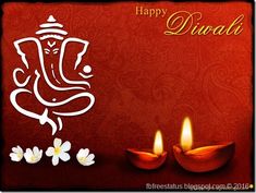 happy diwali greeting card with two lit candles and an elephant on red background