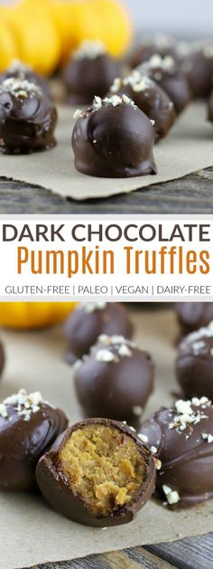 dark chocolate pumpkin truffles with oranges in the background and text overlay