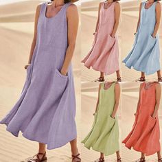 Trendy Fashion Women Casual Sleeveless Linen Sundress Pocket Summer Beach Long Dress Comfy UK, Stunning Womens Dresses Oceanside Beach, Dresses Casual Boho, Sleeveless Linen Dress, Midi Tank Dress, Look Formal, Long Linen Dress, Bleach Product, Maxi Sundress, Casual Tanks