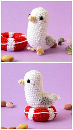 crocheted bird sitting on top of a red and white object