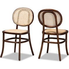 two wooden chairs with caned back and wicker seats, one in the shape of a circle