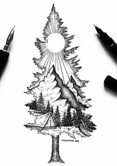 a drawing of a pine tree with mountains in the background and a sun above it