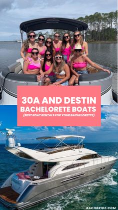 a group of women in pink bikinis on a boat with the caption 30a and destin bachelor boats