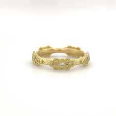 18K Yellow Gold Pave Scroll Station Band with White Diamonds. (0.26 TCW) Armenta Jewelry, Grecian Wedding, Vintage Bangles, Mixed Metals, White Diamonds, Band Ring, Diamond White, Band Rings, Gold Rings