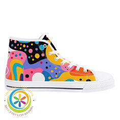 Step into a world of color with these lively high top canvas shoes! Embrace your unique and bold self, and let your creative spirit shine. Life is art, so why not live it in full color? Stand out from the crowd and express your wild side with these playful and vibrant shoes. We create Funky & Fun! Wear-resistant rubber soles for white high-top canvas shoes High quality canvas upper and cotton lining for a comfortable and breathable fit, low maintenance & easy care Rubber outsole & removable EVA Life Is Art, High Tops Women, Colorful Pop Art, Twinkle Toes, White High Tops, Shoes High, World Of Color, Good Grips, Canvas Shoes