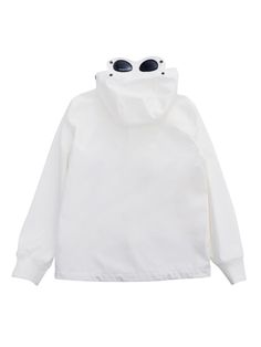 White jacket with C. P Company hood and contrasting zip, slanted pockets with black zips.Composition: 92% Polyester 8% Elastane Hooded Windbreaker With Zip Cuffs For Streetwear, White Hooded Hoodie With Zipper Closure, White Hooded Parka With Double-lined Hood, Sporty Hooded Windbreaker With Zip Cuffs, Modern Hooded Windbreaker With Pockets, Modern White Outerwear For Outdoor, White Hooded Jacket With Detachable Hood For Streetwear, White Urban Hooded Jacket With Detachable Hood, Sporty White Hooded Jacket With Zipper