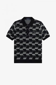 Fred Perry knitted shirt, featuring a distinctive all-over chevron patterning. Cotton knit / Regular fit / Jacquard pattern / Milano collar and placket / Rib cuff Classic Jacquard Knit Polo Collar Top, Classic Cotton Jacquard Knit Tops, Fred Perry Shirt, Big Tshirt, Chevron Stripe, Jacquard Pattern, Knit Shirt, Striped Knit, Half Sleeves