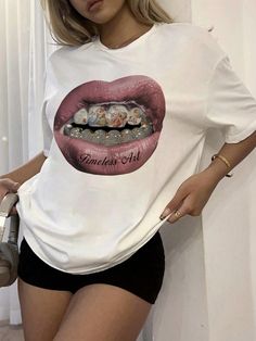 Oversized Rhinestone Angel & Lips Print White Short Sleeve T-Shirt, Women White   Half Sleeve Knitted Fabric   Slight Stretch Summer Women Clothing, size features are:Bust: ,Length: ,Sleeve Length: Tee Shirt Oversize, Oversize Outfit, 2000s Streetwear, Lips Shirt, Outfit Oversize, 2000s Clothes, Shirt Oversize, Beauty Goals, Lips Print