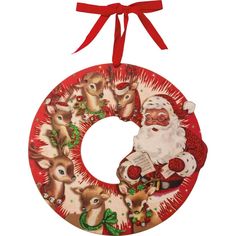 Retro Santa Claus Wreath - Piglet's Closet Wood Reindeer, Vintage Christmas Tree Decorations, Wooden Wreath, Wooden Reindeer, Santa And His Reindeer, Vintage Wreath, Santa Wreath, Wooden Wreaths, Primitives By Kathy