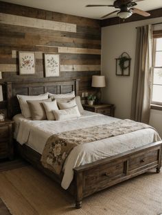 a bedroom with wood paneling and white bedding