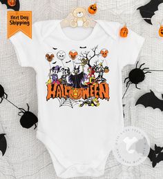 This listing is for the super cute Mickey and friends Halloween costume bodysuit. Lil Cute Tess Co uses Gerber Brand bodysuit bodysuit , they are super soft quality cotton bodysuits. The design is directly printed on to the bodysuit using safe eco-friendly inks.  PRODUCTION TIME AND SHIPPING -All orders next business day. White Onesie Halloween Costume, Fun Cartoon Print Bodysuit For Playtime, Playful Halloween Costume Onesie, Cartoon Print Bodysuit For Playtime, White Bodysuit For Halloween Costume Party, Cute Halloween Onesie For Playtime, Playful Halloween Onesie With Cartoon Print, Fitted Halloween Onesie For Playtime, Fitted Onesie For Halloween Playtime