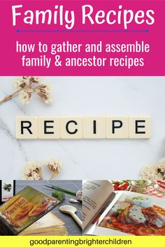 the book cover for family recipes, with pictures of food and books