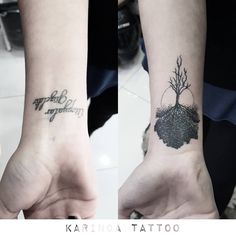 two people with matching tattoos on their arm and wrist, both showing the same tattoo