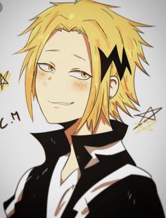 an anime character with blonde hair and black clothes, looking at the camera while he has his eyes closed