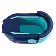 an inflatable swimming pool with a blue cover on the top and bottom part