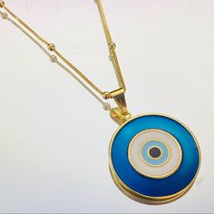 Measurement: - Pendant Width: 26mm - Bead Width: 2.5mm - Chain Length: 18” - Closure: Spring Ring Nickel-free Blue Metal Charm Necklaces, Blue Nickel-free Charm Necklaces For Jewelry Making, Blue Metal Charm Necklace With Adjustable Chain, Blue Jewelry With Chain And Round Pendant, Blue Jewelry With Round Pendant Chain, Blue Round Pendant Chain Jewelry, Blue Round Pendant Jewelry With Chain, Blue Long Necklace With Adjustable Chain, Blue Metal Charm Necklace With Round Pendant