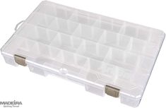 an empty plastic storage box with compartments