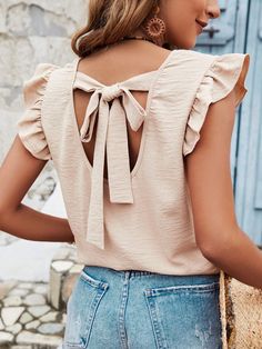 Khaki Casual Collar Cap Sleeve Woven Fabric Plain Top Embellished Non-Stretch  Women Clothing Outfit Graduacion, Western Dresses, Linen Clothes, Cross Straps, Ruffle Trim