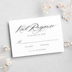 a white wedding response card with the words,'find reppene'on it