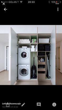 a washer and dryer sitting in a closet next to each other on shelves