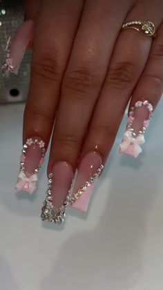 Cute Nails With Rhinestones Simple, Acrylic Nails Diamonds Rhinestones, 15 Birthday Nails Acrylic, Nails With Rhinestones Almond, Majestic Nails, San Judas Nails Short, Light Pink Nails Gems, Pink Quince Nails Short Simple, Pink Rhinestone French Tip