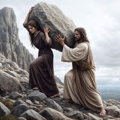 jesus carrying the rock to mary on top of a mountain with another man standing next to him