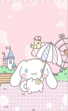 a cartoon bunny holding an umbrella in front of a pink background with buildings and a ferris wheel