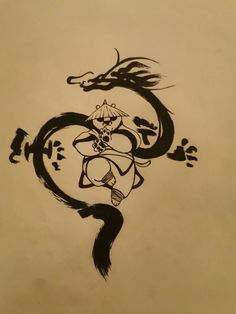 an ink drawing of a woman with a dragon on her back