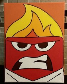 a painting of a cartoon character with flames on his face and hands, in front of a brick wall