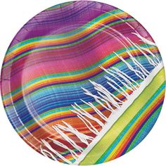 a colorful paper plate with white writing on the bottom and multicolored stripes around it