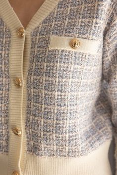 Gold buttons and a tweed pattern elevates the look of this cardigan. Model is 5'8" wearing a small Small 2-4, Medium 6-8, Large 10-12 Winter Button-up Tweed Jacket, Fall Tweed Button-up Jacket With Button Cuffs, Fall Tweed Long Sleeve Cardigan, Beige Long Sleeve Tweed Jacket With Button Closure, Beige Tweed Jacket With Button Closure, Beige Button-up Tweed Jacket For Fall, Fall Textured Knit Button-up Outerwear, Cream Tweed Outerwear With Buttons, Cream Tweed Jacket With Buttons For Fall