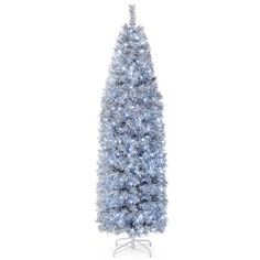 a blue christmas tree with white lights on it's top and bottom branches in the shape of a cone