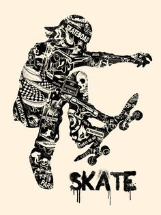 a skateboarder is jumping in the air with his hand on his hip and words that read skate