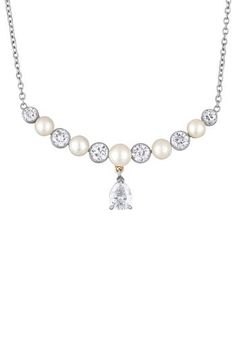 Cultured saltwater pearls and round-cut white diamonds interchange on this 18k-karat-gold necklace grounded by a prong-set pear-cut diamond. 16" length; 2" extender Total diamond weight: 1.90ct. Color: G–H Clarity: VS 18k gold/saltwater cultured pearl/diamond Made in the USA >Diamond Guide Luxury Pear-shaped Pearl Drop Necklace, Pearl Necklace With Briolette Cut For Anniversary, Fine Jewelry Briolette Pearl Necklace, Luxury Diamond White Necklace With Pearl Drop, Classic White Gold Briolette Pearl Necklace, White Gold Briolette Pearl Pendant Necklace, Wedding Diamond Single Strand Pearl Necklace, Wedding Diamond Pearl Necklace Single Strand, Diamond Pearl Necklace For Wedding