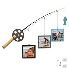 a fishing rod with pictures hanging from it